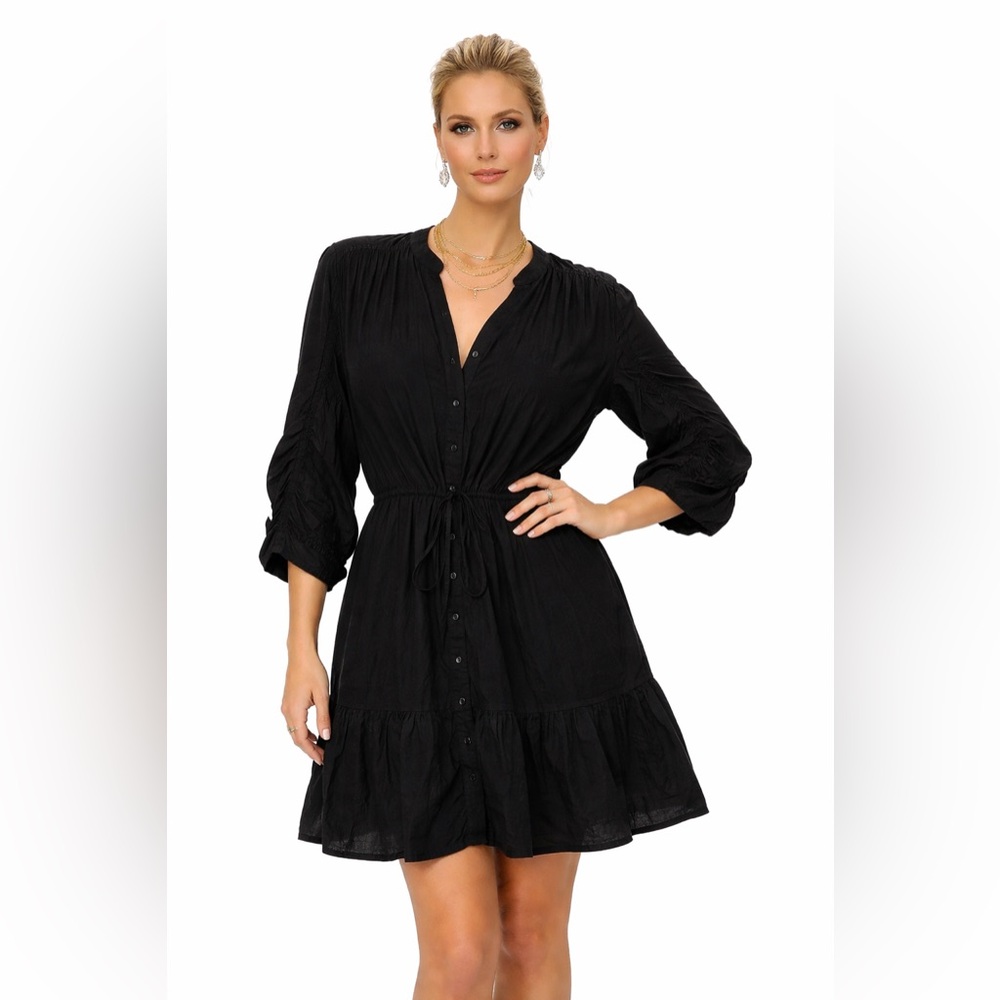 💜Astr Black Button-Front Drawstring Mini Dress - Picture 11 of 11